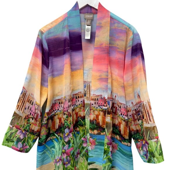 Chicos Chiffon Kimono Jacket XL (Chicos 3) Seaside Sunset Chiffon Artsy Top - Picture 4 of 8
